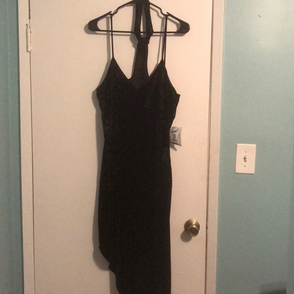 Black suede dress with slit and collar